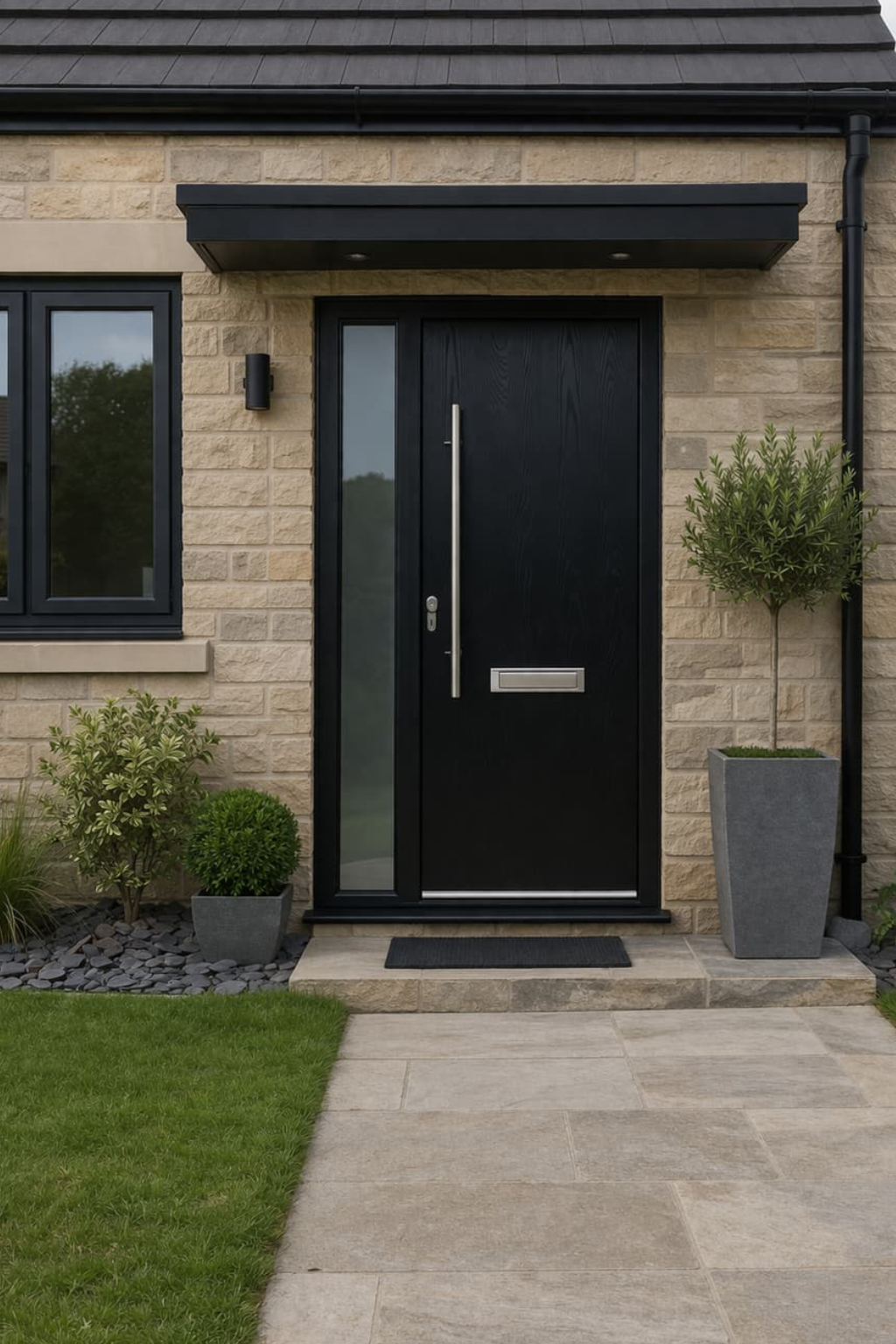 Black Composite Door – Modern Oxenhope Home Black composite front door fitted to a modern stone home in Oxenhope